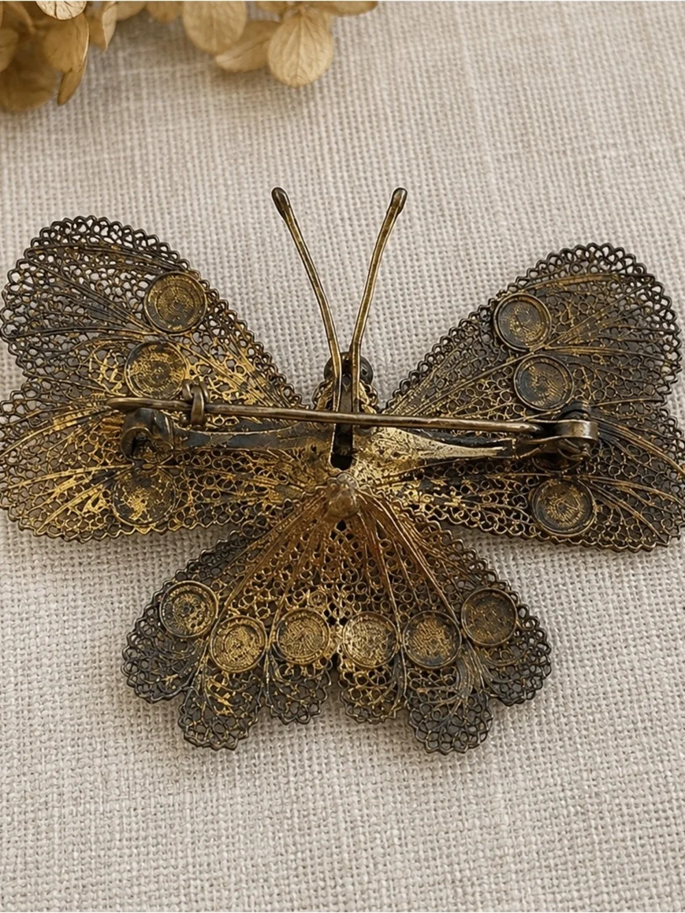 🦋 Antique Gold Vermeil Filigree Butterfly Brooch
